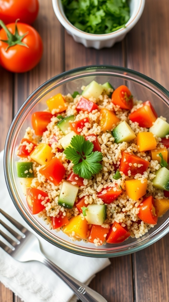 A colorful quinoa salad with cherry tomatoes, cucumbers, bell peppers, and parsley in a bowl on a wooden table.